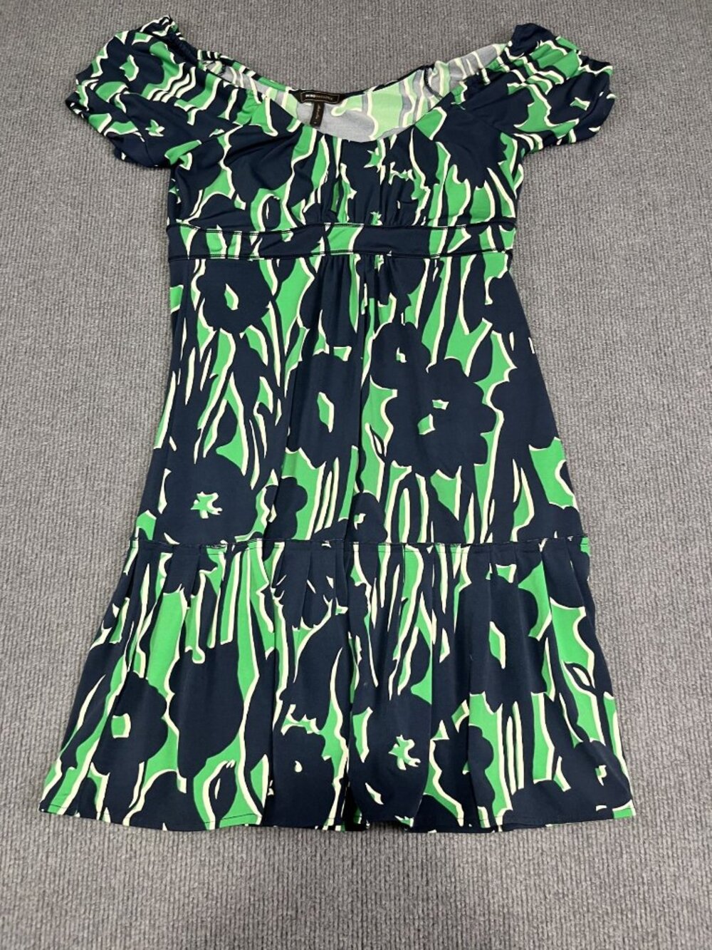 BCBGMAXAZRIA Womens Green Navy Floral Short Sleeve Elastic Waist Dress M
